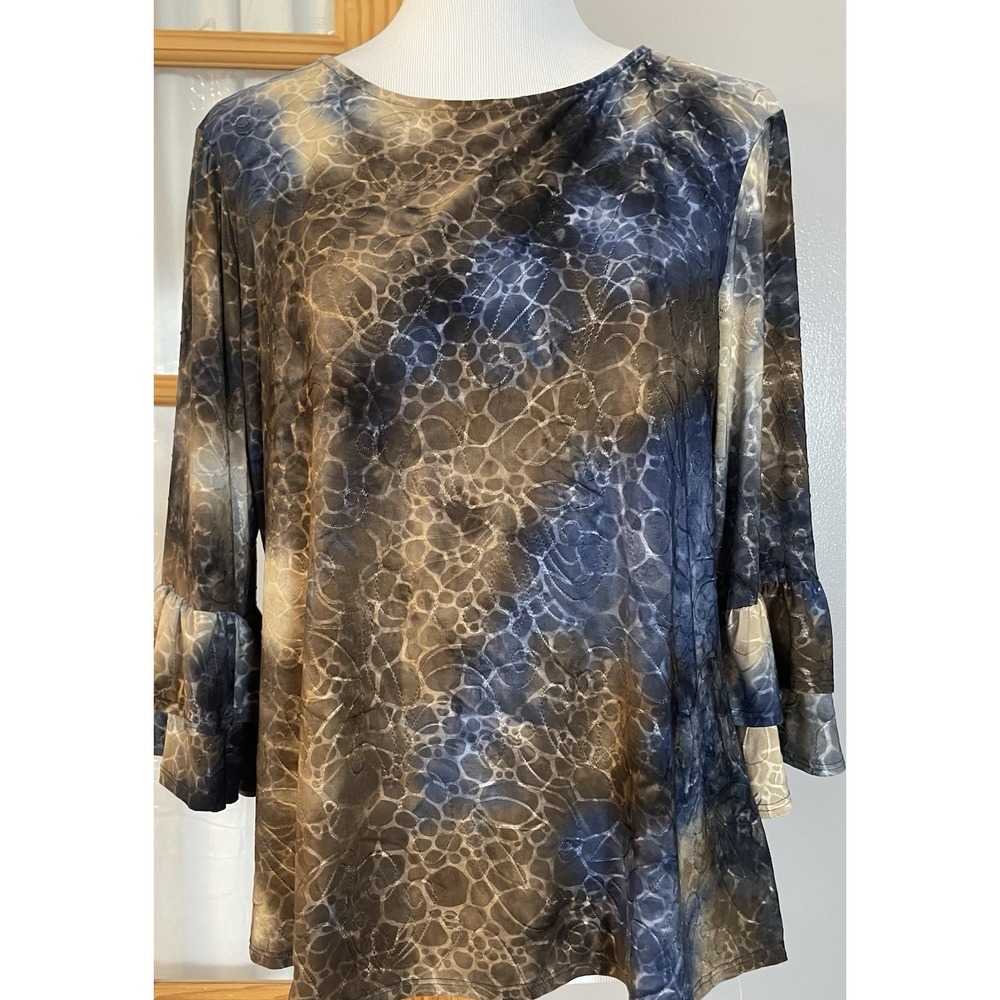 80s Cocomo Textured Floral Top PXL Beige Blue Bell Sleeve Boho Earth Tone Hippie